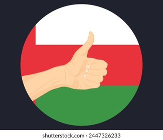 Hand approve sign with Oman flag, thumb up, approval or vote concept, human finger ok sign, agreement or acceptance idea, Oman flag with okay hand symbol design