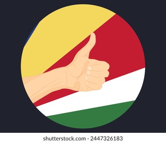 Hand approve sign with Seychelles flag, thumb up, approval or vote concept, human finger ok sign, agreement or acceptance idea, Seychelles flag with okay hand symbol design