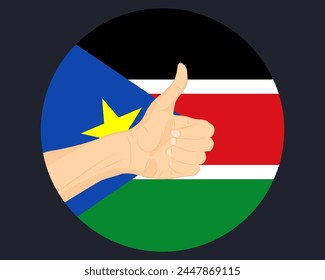 Hand approve sign with South Sudan flag, thumb up, approval or vote concept, human finger ok sign, agreement or acceptance idea, South Sudan flag with okay hand symbol design