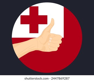 Hand approve sign with Tonga flag, thumb up, approval or vote concept, human finger ok sign, agreement or acceptance idea, Tonga flag with okay hand symbol design
