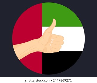 Hand approve sign with UAE flag, thumb up, approval or vote concept, human finger ok sign, agreement or acceptance idea, UAE flag with okay hand symbol design