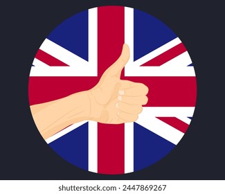 Hand approve sign with United Kingdom flag, thumb up, approval or vote concept, human finger ok sign, agreement or acceptance idea, United Kingdom flag with okay hand symbol design