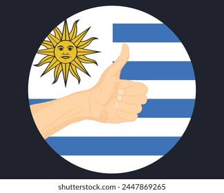 Hand approve sign with Uruguay flag, thumb up, approval or vote concept, human finger ok sign, agreement or acceptance idea, Uruguay flag with okay hand symbol design