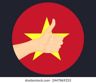 Hand approve sign with Vietnam flag, thumb up, approval or vote concept, human finger ok sign, agreement or acceptance idea, Vietnam flag with okay hand symbol design