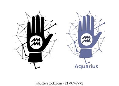 Hand with Aquarius symbol isolated on white background. Horoscope fortune telling art. Constellation doodle design.