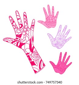 Hand. Arm. Hand drawn abstract patterns on isolation background. Design for spiritual relaxation for adults. Line art creation. Print for polygraphy, posters and textiles. Outline for t-shirts