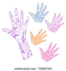 Hand. Arm. Hand drawn abstract patterns on isolation background. Design for spiritual relaxation for adults. Line art creation. Print for polygraphy, posters and textiles. Outline for t-shirts