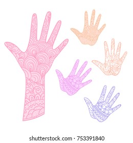 Hand. Arm. Hand drawn abstract patterns on isolation background. Design for spiritual relaxation for adults. Line art creation. Print for polygraphy, posters and textiles. Outline for t-shirts