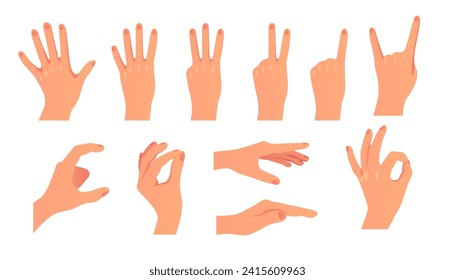 Hand arm finger hold ok pose sign isolated set. Vector flat graphic design illustration