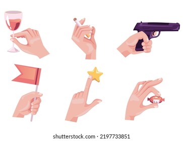 Gesto del brazo de mano que contiene diferentes objetos colección de conjuntos de conceptos abstractos. Ilustración vectorial de elementos gráficos de diseño
