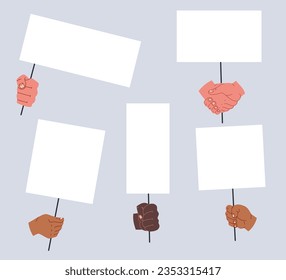Hand arm hold sign banner placard poster demonstration protest isolated set. Vector flat graphic design illustration
