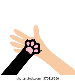 Hand arm holding cat dog paw print leg foot. Close up Help adopt animal pet donate concept. Friends forever. Veterinarian care. Veterinary vet doctor Flat White background Isolated Vector illustration