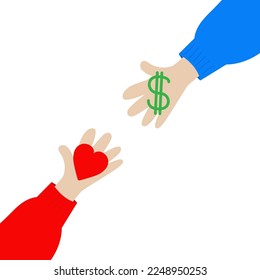 Hand arm holding dollar sign money, red heart. Love money exchange. Purchase concept. Close up body part. Helping hands. Business donation. Flat design. White background. Isolated. Vector