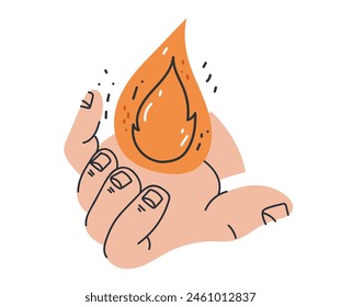 Hand arm holding fire flame isolated concept. Vector flat graphic design illustration