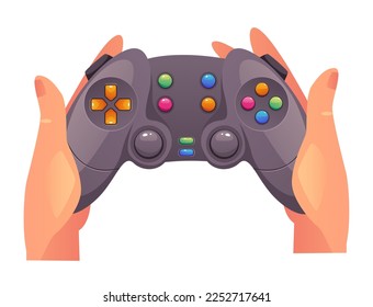 Hand arm holding joystick gamepad controller and playing video game. Vector cartoon graphic design element illustration
