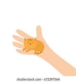 Hand arm holding orange red cat. Adopt animal pet. Helping hands concept. Funny gift. Cute cartoon character. Close up body part. Flat design style. White background. Isolated. Vector illustration