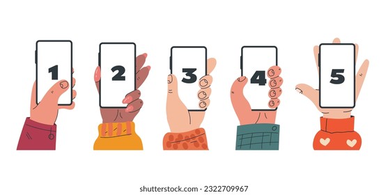 Hand arm holding phone with numbers on screen. Vector design graphic illustration