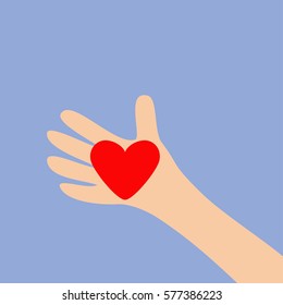 Hand arm holding red shining heart shape sign. Close up body part. Happy Valentines day. Greeting card. Flat design style. Love soul gift concept Violet background. Isolated. Vector illustration