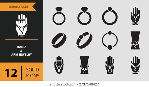 Hand and Arm Jewelry Icons solid icon set.Clean solid icons displaying bracelets rings and arm jewelry for fashion and accessory designs