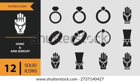 Hand and Arm Jewelry Icons solid icon set.Clean solid icons displaying bracelets rings and arm jewelry for fashion and accessory designs