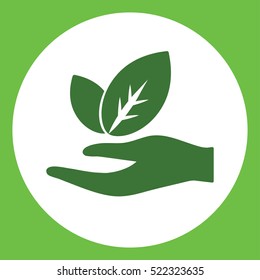 hand  arm with plant leaf eco bio care simple green icon in white circle
