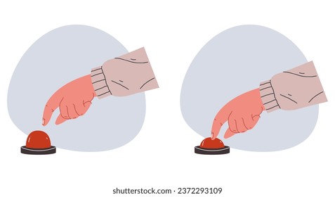 Hand arm press red emergency stop start button with finger isolated concept. Vector flat graphic design illustration