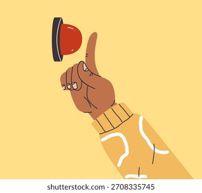 Hand arm press red emergency stop start button with finger isolated concept. Vector flat graphic design illustration