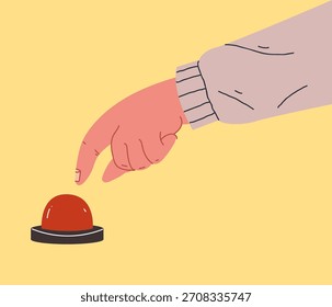 Hand arm press red emergency stop start button with finger isolated concept. Vector flat graphic design illustration