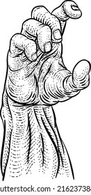 Hand und Arm, die in einem gravierten Retro-Holzschnitt-Vintage-Stil reichen 