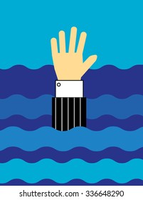 Hand and arm wearing a business shirt and suit waving as if drowning in a sea of waves in a blue ocean