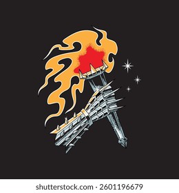 a hand in armor holding a torch