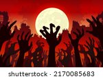 Hand and arms of zombies rise up a lot at the same time with an abandoned city and full moon background. Illustration about the crowd of evil spirits.