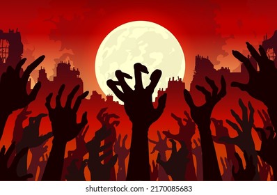 Hand and arms of zombies rise up a lot at the same time with an abandoned city and full moon background. Illustration about the crowd of evil spirits.