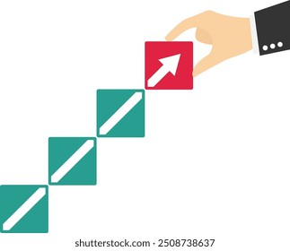 Hand arranging blocks stacking as step stair with arrow up. Financial growth. Flat vector illustration

