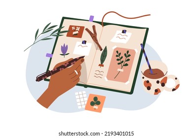 Hand arranging leaf plants, flowers in scrapbook, writing notes, designing pages. Creative girls diary, paper notebook and coffee cup. Flat graphic vector illustration isolated on white background