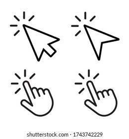 Hand and arrow click icon set. Outline press here pointer 