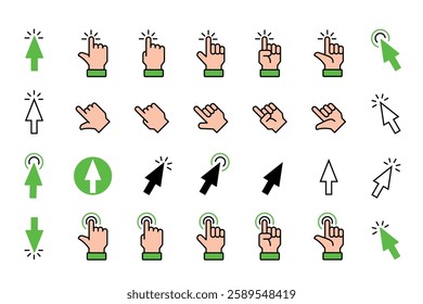 Hand and arrow cursor click icon, hand gesture, arrow up-down and linear icon. Thin line illustration, isolated on white background. Editable stroke.