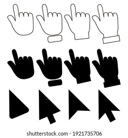 Cursores de flecha de mano. Interfaz de correo electrónico. Símbolo del icono del sitio web. Tecnología de Internet. Imagen de archivo.
