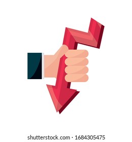 hand with arrow down crisis stock market crash vector illustration isolated icon