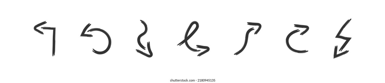 Hand arrow set. Line curve arrow. Grunge, draw design, pointer sketch in vector flat style.