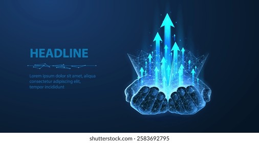 Hand with Arrows. 3D Growth, Profit Increase, Revenue Growth, Improve Marketing, Upward Trade, Grow Investment, Level Opportunity,Business Performance, Polygon Chart,Contemporary Investmen Concept.