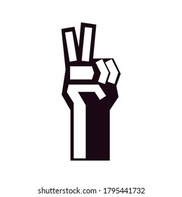 Hand art icon. Vector modern two finger sign.Finger fight and strength. Symbol power.Logo black hand isolated on white background. Illustration style winner line graphic design.