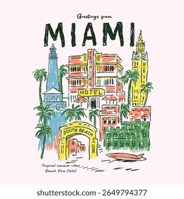 hand art Miami illustration. tropical summer vibes. watercolor painting effects for graphics. palm tree Miami beach artwork. t shirt design for beach vibes. summer print design