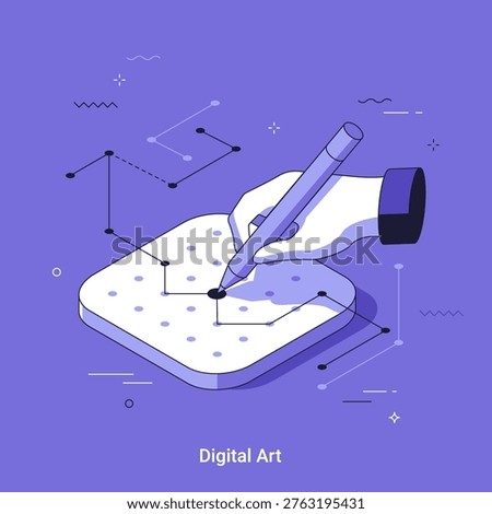 Hand of artist drawing digital pattern on tablet. Isometric vector illustration of creative design process. Modern education concept in thin line 3d cartoon style for technology learning.