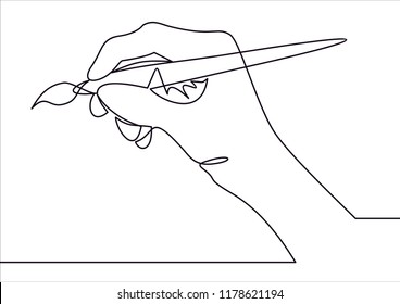 hand of the artist in a flat style holding the brush.Vector continuous line.