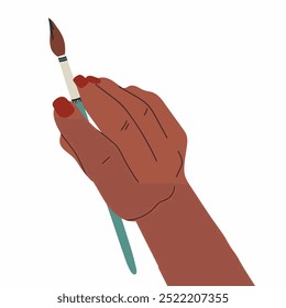  Hand of an artist who draws with a brush. Flat vector illustration isolated on white background. Hand drawn illustration.