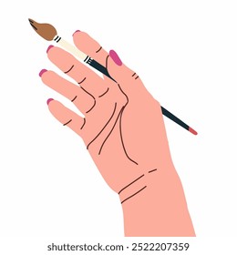  Hand of an artist who draws with a brush. Flat vector illustration isolated on white background. Hand drawn illustration.