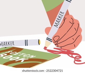  Hand of an artist who draws with a marker. Sketch, art supplies, sketchbook. Doodls. Flat vector illustration isolated on white background. Hand drawn illustration.