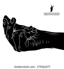 Hand asking about payment, detailed black and white vector illustration.