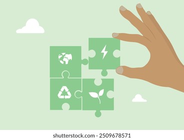 Hand Assembling Eco-Friendly Puzzle with Sustainability Icons on Green Background. Environmental social governance illustration. Environmental ideas. Sustainable business practices	